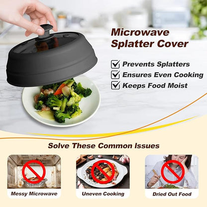 Microwave Splatter cover, Glass Microwave Cover for Food, 10.8 inch Guard Lid with Collapsible Silicone for 6-10 inch Plates & Bowls, Dishwasher Safe, 450°F Heat Resistant, BPA-Free, Black