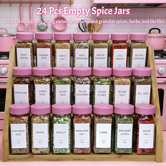 Pink Spice Jars with Labels - 24 Glass Spice with Shaker Lids & Airtight Plastic Caps - 4oz Complete Seasoning Containers Organizer Set for Cabinet, Drawer & Rack (Deeppink) - Image 2