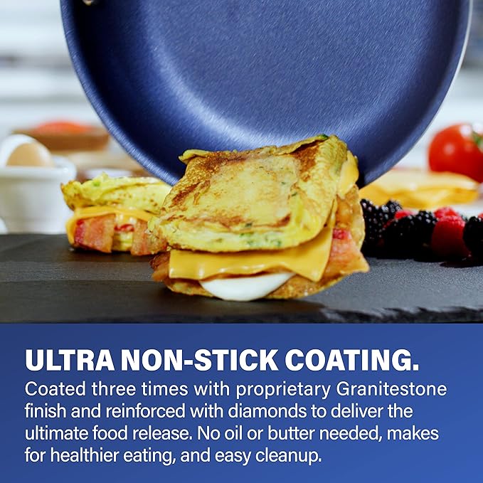 Granitestone 14 Inch Frying Pan with Lid, Non Stick Skillet for Cooking, Nonstick Diamond Coated Large Frying Pan, Family Sized, Oven & Dishwasher Safe Up to 500°F, 4.5 Qt Aluminum Skillet, Blue - Image 2