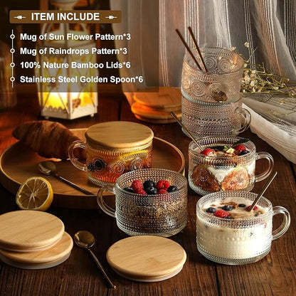 LANDNEOO 6 Pack 14oz Vintage Glass Coffee Mugs with Bamboo Lids and Spoons, Green Embossed Drinking Glasses for Iced Coffee, Tea, Latte - Image 2
