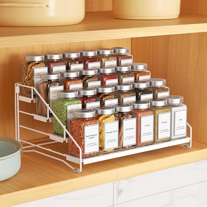 BOIVSHI Tiered Spice Rack, 4 Tier Spice Shelf Organizer for Cabinet, Spice Rack Organizer, Depth Adjustable Seasoning Rack Organizer for Cabinet, Countertop, Pantry, Metal, White (1 Pack) - Image 2