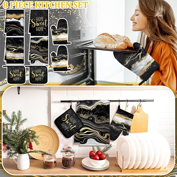 Leinuosen 8 Pcs Black Marble Kitchen Decor Dish Towels and Oven Mitts Sets Pot Holders and Dishcloths Farmhouse Kitchen Accessories Decorative Set for Chef Baking Cooking Daughter Mom Gift