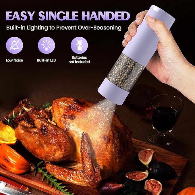 1 Pack Salt and Pepper Grinder- Gifts for Women Automatic Battery Purple Pepper Mill Shakers Kitchen Accessories Cooking for Mom, Adjustable Coarseness Salt Pepper Shakers - Image 3