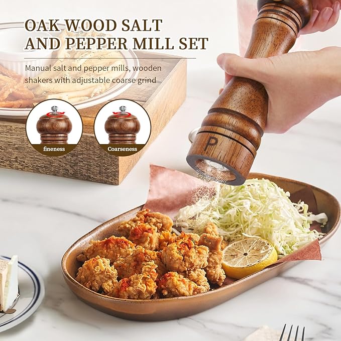 Haomacro Wooden Salt and Pepper Grinder Set Refillable Salt & Pepper Mills Adjust for Coarseness, Crafted of Solid Oak Wood with Ceramic Stainless Steel Core, 8 Inches - 2 Packs - Image 2