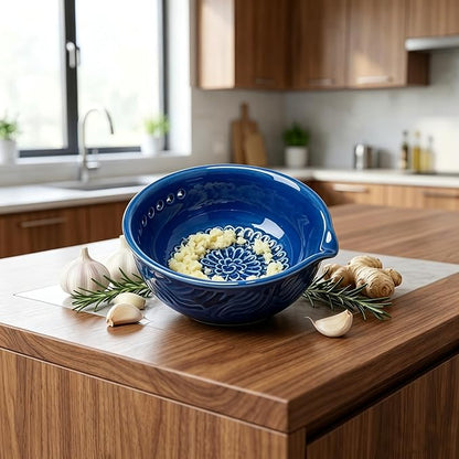 3-in-1 Ceramic Grater Bowl with Herb Stripper, Kitchen Tool for Garlic, Ginger & Vegetables, Easy to Clean Stripping Bowl for Kale, Rosemary, Thyme, and Basil, Dishwasher Safe (Blue)