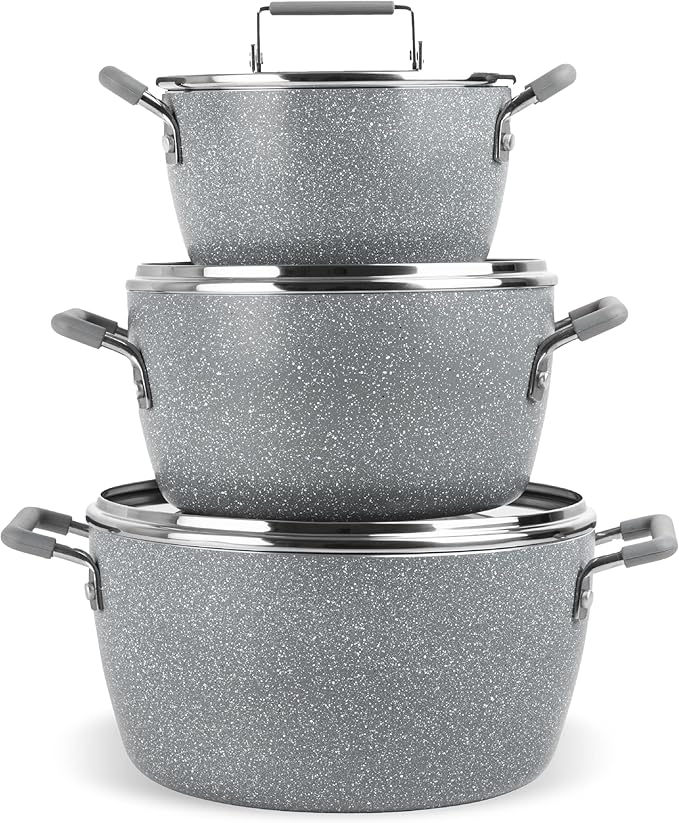 Granitestone Gray Pots and Pans Set Nonstick, 6 Stackable Piece Cooking Pots Set, Kitchen Pots, Non Stick Coating, 5qt 3qt & 1.5qt Pots with Lids, Stay Cool Handles Dishwasher Safe 100% Toxin Free by Granitestone+