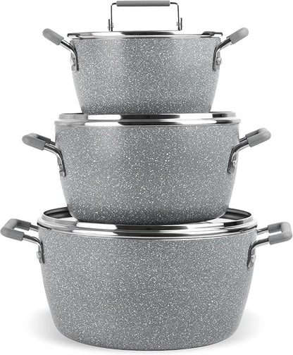 Granitestone Gray Pots and Pans Set Nonstick, 6 Stackable Piece Cooking Pots Set, Kitchen Pots, Non Stick Coating, 5qt 3qt & 1.5qt Pots with Lids, Stay Cool Handles Dishwasher Safe 100% Toxin Free by Granitestone+