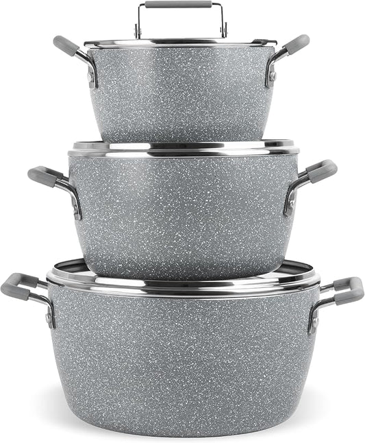 Granitestone Gray Pots and Pans Set Nonstick, 6 Stackable Piece Cooking Pots Set, Kitchen Pots, Non Stick Coating, 5qt 3qt & 1.5qt Pots with Lids, Stay Cool Handles Dishwasher Safe 100% Toxin Free by Granitestone+