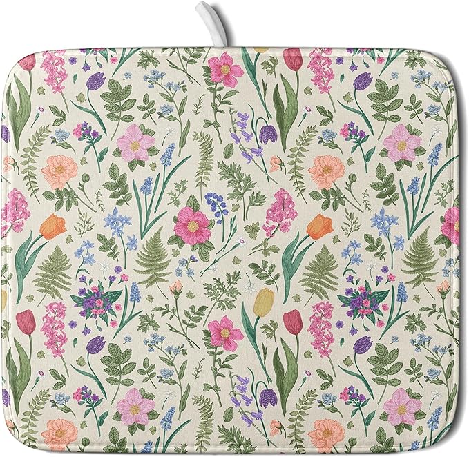Spring Floral Dish Drying Mat for Kitchen Counter 16x18 Pink Sage Green Flower Vintage Botanical Print Absorbent Reversible Microfiber Drying Mats Kitchen Countertop Protector Dishes Drainer Rack Pad by Aytipun