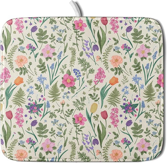 Spring Floral Dish Drying Mat for Kitchen Counter 16x18 Pink Sage Green Flower Vintage Botanical Print Absorbent Reversible Microfiber Drying Mats Kitchen Countertop Protector Dishes Drainer Rack Pad by Aytipun
