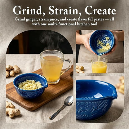 3-in-1 Ceramic Grater Bowl with Herb Stripper, Kitchen Tool for Garlic, Ginger & Vegetables, Easy to Clean Stripping Bowl for Kale, Rosemary, Thyme, and Basil, Dishwasher Safe (Blue)