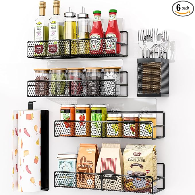 DTUQYX Spice Rack Wall Mounted 6 Pack: 100% Metal & Strong Adhesive Spice Organization for Kitchen Cabinet/Pantry Door, No Drill Hanging Seasoning Organizer with Paper Towel Holder, Utensil Caddy