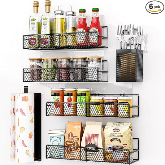 DTUQYX Spice Rack Wall Mounted 6 Pack: 100% Metal & Strong Adhesive Spice Organization for Kitchen Cabinet/Pantry Door, No Drill Hanging Seasoning Organizer with Paper Towel Holder, Utensil Caddy