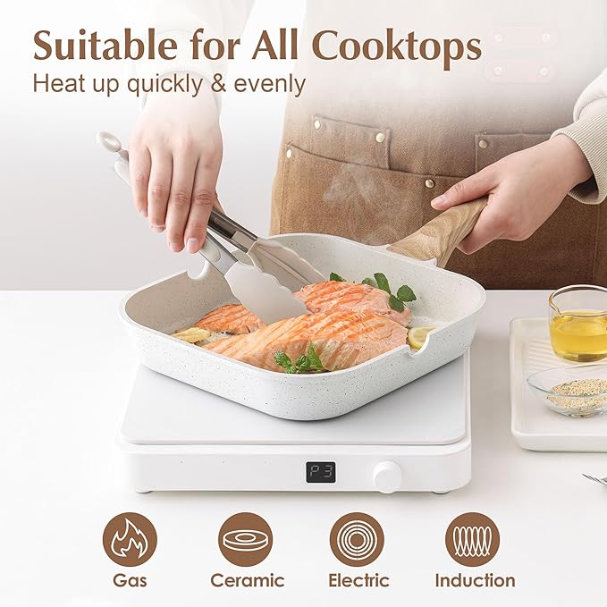 SENSARTE Nonstick Ceramic Grill Pan for Stove Tops, Square Grilling Pan with Pour Spouts, Non Toxic Durable Grill Skillet for All Stoves(Gas,Electric,Induction) PTFE,PFAS,PFOA Free, 12Inch (White) - Image 6