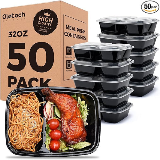 50 Pack (100-Piece) 32 oz Sturdy Leakproof 2-Compartment Meal Prep Containers with Lids, Plastic Food Storage Containers for Lunch, Microwave, Freezer, and Dishwasher Safe Takeout Containers by GlotochExpress