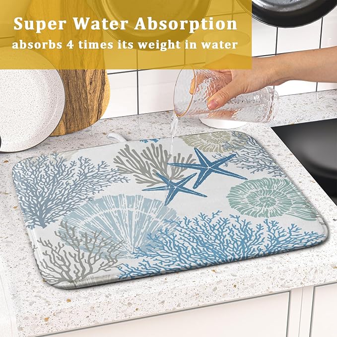 Nautical Dish Drying Mat for Kitchen Counter Coastal Seashell Starfish Summer Microfiber Absorbent Dish Draining Reusable Washable Foldable 16"x18" - Image 7
