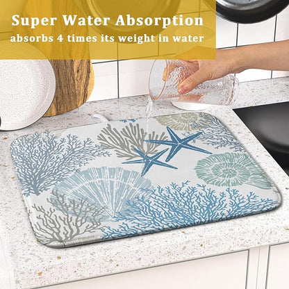 Nautical Dish Drying Mat for Kitchen Counter Coastal Seashell Starfish Summer Microfiber Absorbent Dish Draining Reusable Washable Foldable 16"x18" - Image 7
