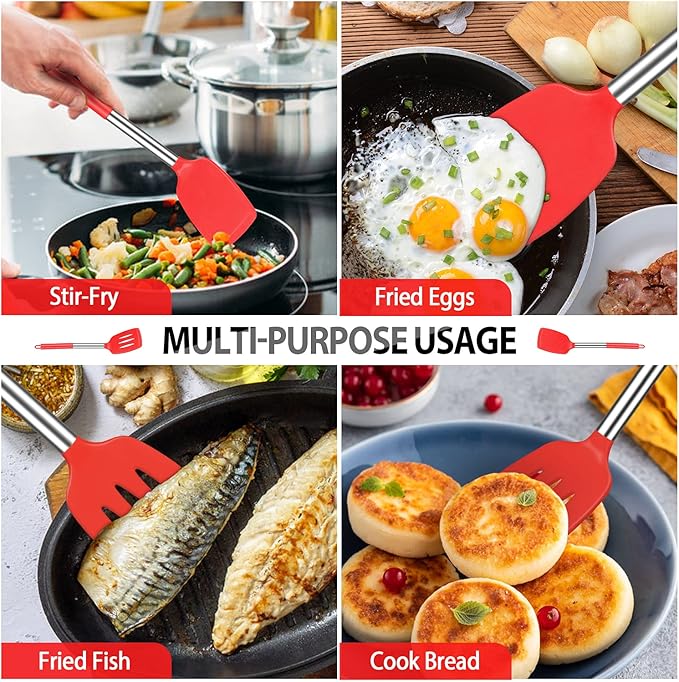 Pack of 4 Large Silicone Cooking Spatulas and Spoons, Slotted and Solid Stainless Steel Cooking Utensils Set, Non-stick Heat Resistant Kitchen for Baking, Fried, Stir-Fry, Mixing, Serving (Red) - Image 4