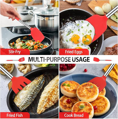 Pack of 4 Large Silicone Cooking Spatulas and Spoons, Slotted and Solid Stainless Steel Cooking Utensils Set, Non-stick Heat Resistant Kitchen for Baking, Fried, Stir-Fry, Mixing, Serving (Red) - Image 4