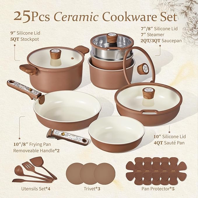 CAROTE 25-Piece Ceramic Cookware Set, Nonstick Pots and Pans Set with Detachable Handle, Non-Toxic Kitchen Cooking Set, Dishwasher & Oven Safe, Induction Compatible, PFAS Free, Chocolate - Image 2