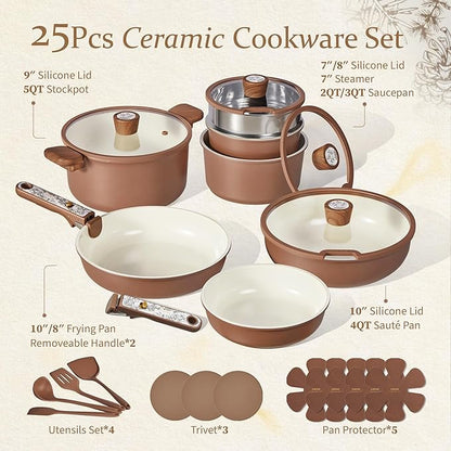 CAROTE 25-Piece Ceramic Cookware Set, Nonstick Pots and Pans Set with Detachable Handle, Non-Toxic Kitchen Cooking Set, Dishwasher & Oven Safe, Induction Compatible, PFAS Free, Chocolate - Image 2