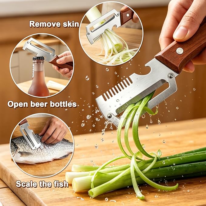 2 Pack 3-in-1 Multifunctional Vegetable Peeler with Wooden Handle - Potato Peeler with Julienne Slicer & Bottle Opener, Stainless Steel Blade, Right Handed Kitchen Tool