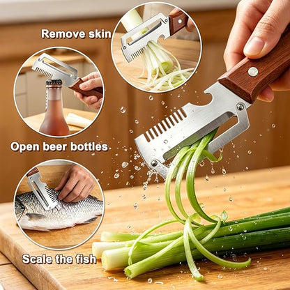 2 Pack 3-in-1 Multifunctional Vegetable Peeler with Wooden Handle - Potato Peeler with Julienne Slicer & Bottle Opener, Stainless Steel Blade, Right Handed Kitchen Tool