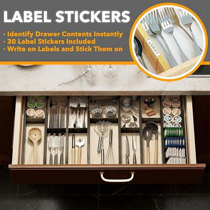 SpaceAid Bamboo Drawer Dividers with Inserts and Labels, Kitchen Adjustable Drawer Organizers, Expandable Organization for Home, Office, Dressers, 10 Dividers with 24 Inserts (17"-22" Black) - Image 3
