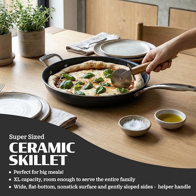 Granitestone Ceraluxe 14 Inch Frying Pan with Lid, Family Sized Large Frying Pan Skillet with Ceramic Nonstick Coating, Non Toxic PFOA Free, Oven and Dishwasher Safe - Black - Image 5