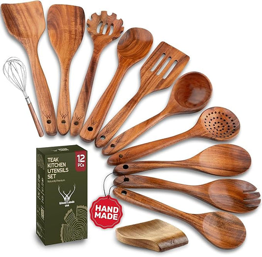 12 Pcs Wooden Cooking Utensils Set – Luxury Wooden Kitchen Utensils with Holder, Versatile Wooden Spoons for Cooking & Durable Teak Wood Utensil Set for Modern Home - Cooking spoons with Spatula by WOODLANDSUSA