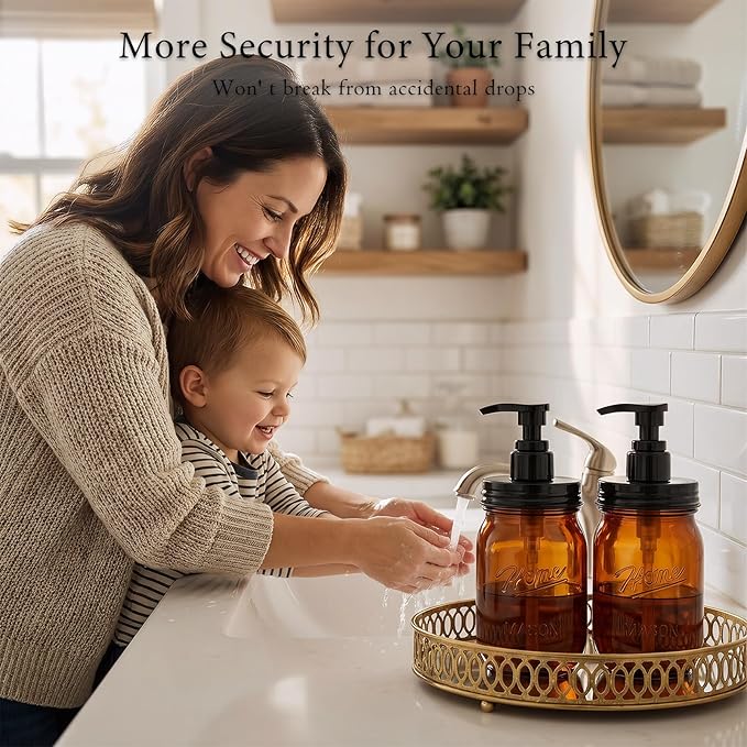 Amolliar Plastic Mason Jar Soap Dispenser with Pump Lid,16OZ Refillable Hand Soap Dispenser Set with Cute Lables - Farmhouse Decor for Kitchen Bathroom, Liquid Soap, Dish Soap, Lotion (2 Pack, Amber) - Image 6