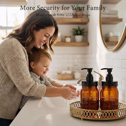 Amolliar Plastic Mason Jar Soap Dispenser with Pump Lid,16OZ Refillable Hand Soap Dispenser Set with Cute Lables - Farmhouse Decor for Kitchen Bathroom, Liquid Soap, Dish Soap, Lotion (2 Pack, Amber) - Image 6