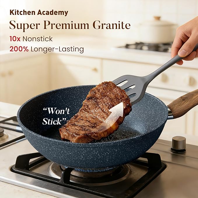 Kitchen Academy Pots and Pans Set Non Stick - 12 Piece Induction Kitchen Cookware Sets, Blue Granite Nonstick Cooking Pans Set - Image 2