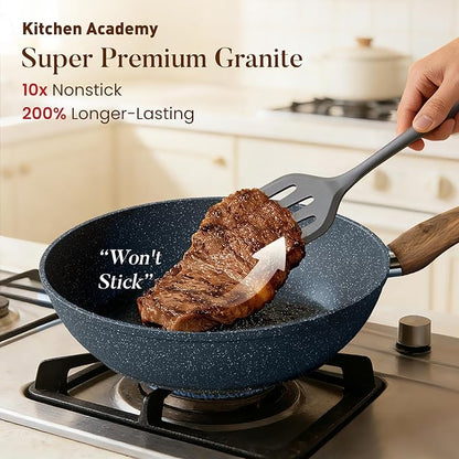 Kitchen Academy Pots and Pans Set Non Stick - 12 Piece Induction Kitchen Cookware Sets, Blue Granite Nonstick Cooking Pans Set - Image 2