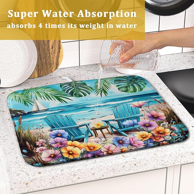 Spring Summer Sea Chair Dish Drying Mat for Kitchen Counter,Coastal Beach Palm Leaf Flowers Drying Mat 16 x 18 Inch with Absorbent Reversible Microfiber Drying Pad for Coffee Bar - Image 7