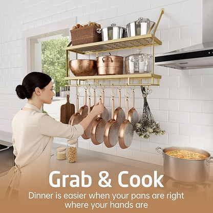 KES 30-Inch Gold Pot Rack Wall Mounted, 2-Tier Hanging Pot and Pan Organizer with 12 Sturdy Hooks, Elegant Modern Kitchen Wall Hanger Shelves, KUR215S75B-GD - Image 7