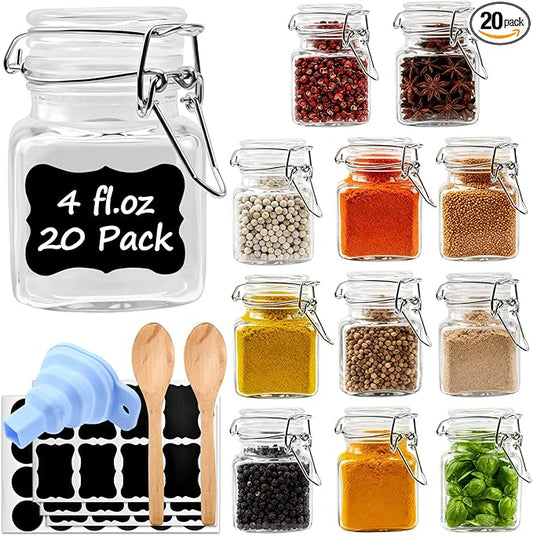 R DRURLCD 20 Pack Small 4 oz Glass Spice Jars with Airtight Hinged Lids, Square Spice Containers with Labels, Spoons& Funnels, BPA-free, Spice Herbs Condiment Storage for Kitchen,Wedding