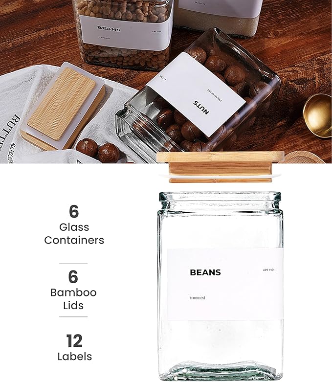 APT 1101 Glass Storage Jars with Bamboo Lid, glass canisters with airtight lids, Clear jars with lids for Spice, Cookie, Candy, Tea, Coffee Bean and Rice (White, Pantry Jar Set (26 oz, set of 6)) - Image 9