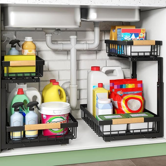 Kitstorack Under Sink Organizer, 2 Tier Under the Sink Storage, Slide out Pull out Cabinet Organizer Shelf, Metal Sliding Drawer for Kitchen Bathroom Pantry Closet Organization Rack, Black, 2 Pack by Kitstorack