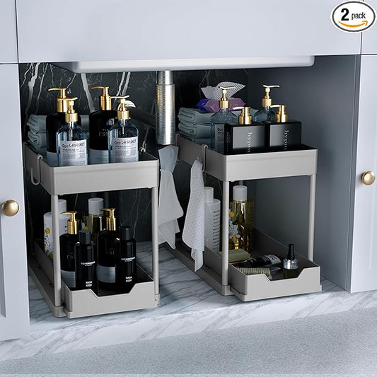 DEKAVA Under Sink Organizer 2 Pack，Bathroom Cabinet Organizer，2 Tier Sliding Cabinet Basket Organizer Drawer, Multi-Purpose Bath Collection Baskets for Bathroom (Grey) by DEKAVA