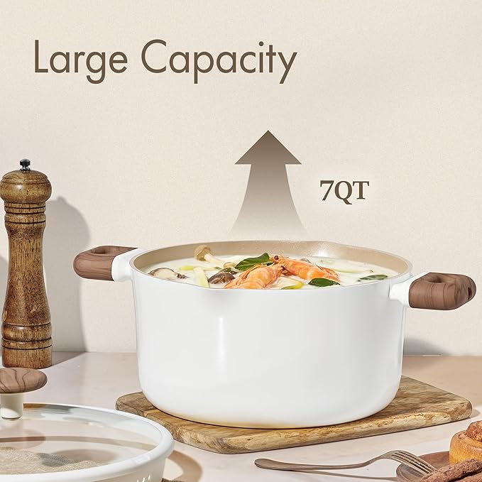 CAROTE Stock Pot with Lid, 7Quart Ceramic Soup Pot Non Toxic, Nonstick Cooking Pot for Pasta, Induction Ready, Even Heating, Dishwasher Safe, White - Image 4