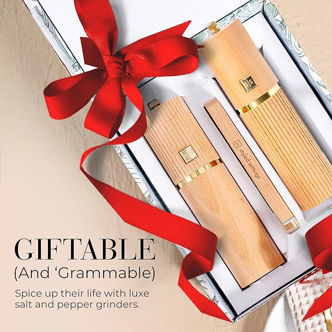 Wooden Salt and Pepper Grinder Set – Refillable Manual Salt and Pepper Mills with Adjustable Ceramic Burrs, Gold Detailing, and Wood Stand - Image 8