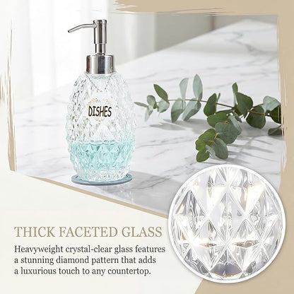 MALACHI Soap Dispenser Set, Crystal-Textured Diamond Glass with Rustproof Stainless Steel Pump, Dual-Labelled Hand & Dish Soap Dispenser for Kitchen & Bathroom