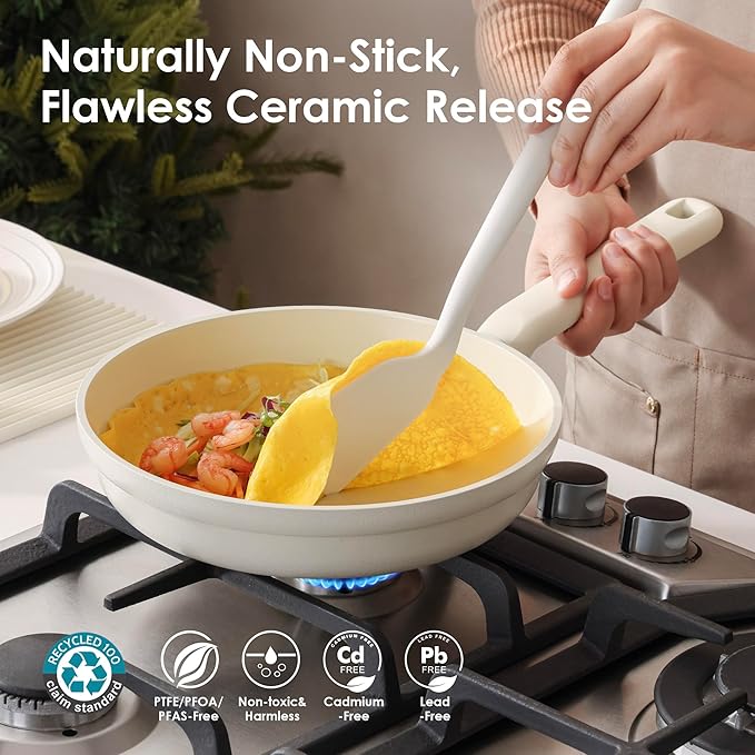 SENSARTE Ceramic Nonstick Pots and Pans Set 17pcs, Healthy Induction Cookware Set, Nontoxic Kitchen Cooking Set with Skillets & Saucepans, Stay-cool Handles, PFAS PTFE PFOA PFOS Free, Cream White