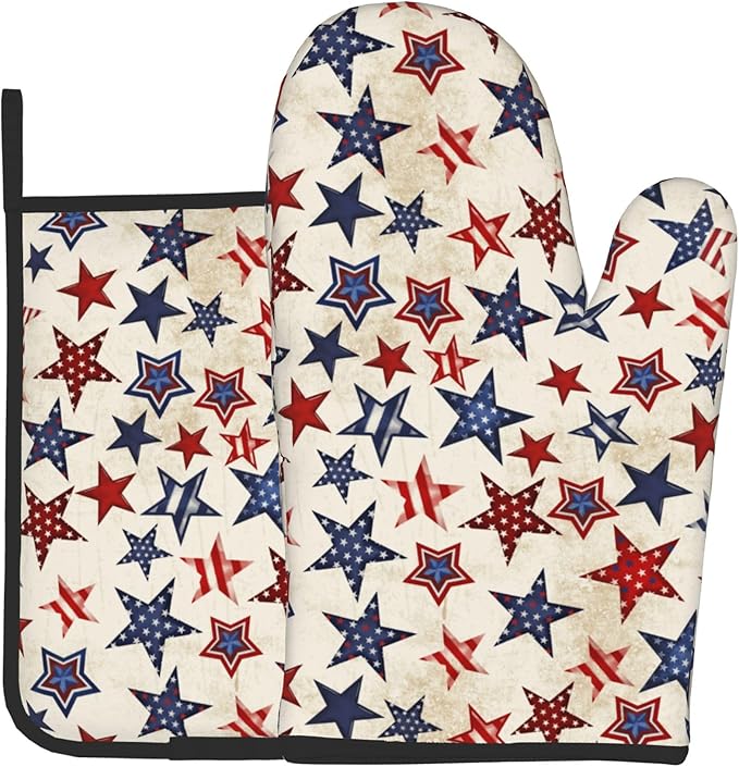 Patriotic Stars Oven Mitts - 4th of July Kitchen Mitts Pot Holders Sets of 2 Red White and Blue Hot Mitts Independence Memorial Day Hot Pads for Cooking Baking Grilling by DZGlobal