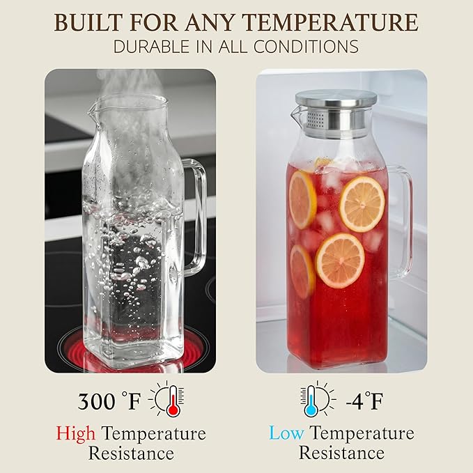 2 Pack Square Glass Pitcher with Lid and Handle, 68oz 2 Liter Borosilicate Glass Water Pitcher for Fridge, Heat Resistant Iced Tea Pitcher, Glass Carafe for Hot Cold Beverages Juice Lemonade