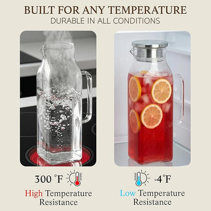 2 Pack Square Glass Pitcher with Lid and Handle, 68oz 2 Liter Borosilicate Glass Water Pitcher for Fridge, Heat Resistant Iced Tea Pitcher, Glass Carafe for Hot Cold Beverages Juice Lemonade