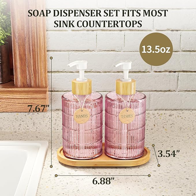 MASADI Soap Dispenser Set with Bamboo Tray, Dish and Hand Soap Lotion Dispenser Set with Wooden Pump for Kitchen and Bathroom Decor for Counter, Modern Vintage Liquid Soap Dispensers (Pink&Bamboo) - Image 2