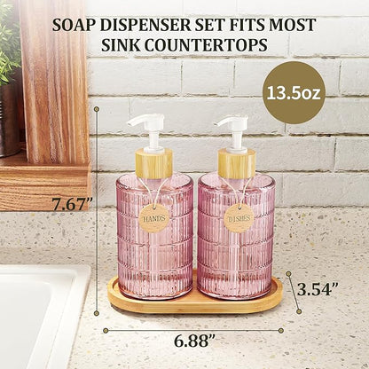 MASADI Soap Dispenser Set with Bamboo Tray, Dish and Hand Soap Lotion Dispenser Set with Wooden Pump for Kitchen and Bathroom Decor for Counter, Modern Vintage Liquid Soap Dispensers (Pink&Bamboo) - Image 2