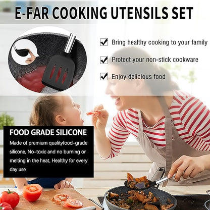 Silicone Kitchen Utensils Set, E-far 30-Piece Cooking Utensils Set with Holder, Heat Resistant Kitchen Spatulas Turner Tong Spoon Whisk Ladle for Nonstick Cookware, Stainless Steel Handle (Black) - Image 6